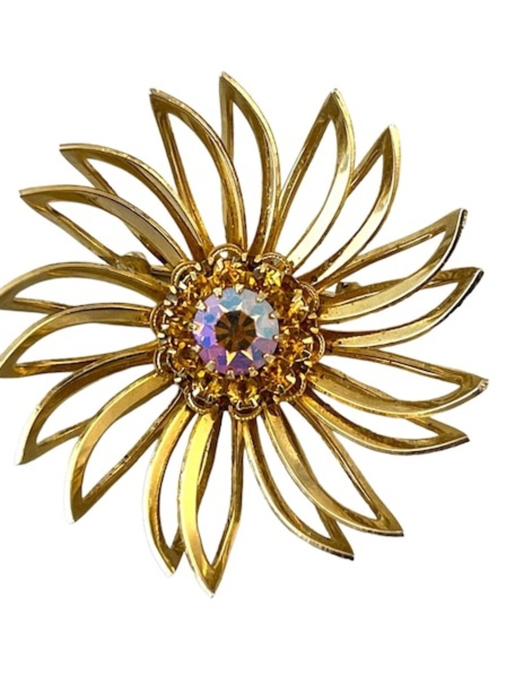 Sarah Coventry Gold Tone Sunburst Brooch Iridescent Aurora Borealis 2”